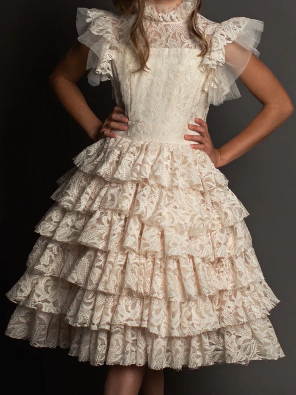 Joyfolie, Mia Joy boutique Lace Ruffle Party Dress - Ecru Cream